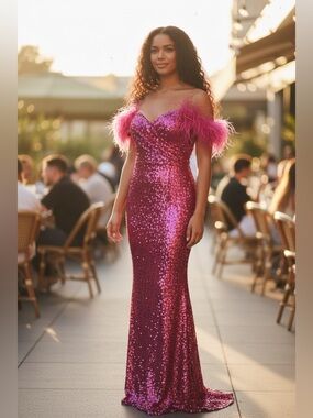 Sequin Evening Gown Pink with Feather-Adorned Off Shoulder Design Size Small NWT